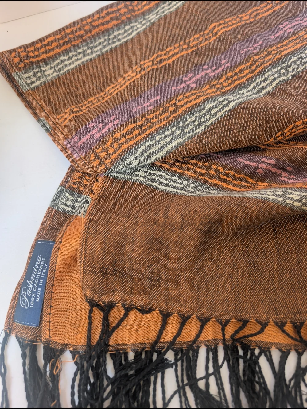 Vintage Italian Pashmina 100% Cashmere Scarf Wrap Brown Terracotta Fringe